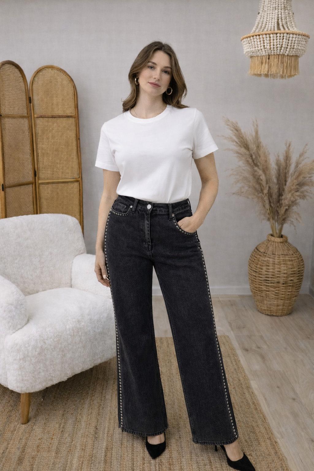 DROP TAŞ DETAYLI YÜKSEK BEL BOL PAÇA JEAN