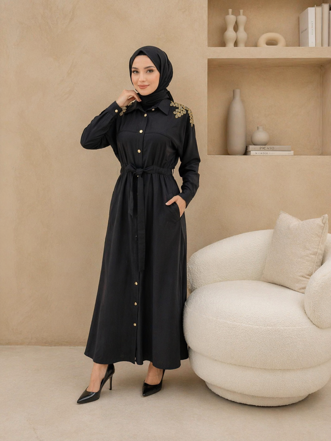 LUXE OMUZ İŞLEMELİ KUŞAKLI GÖMLEK ELBİSE