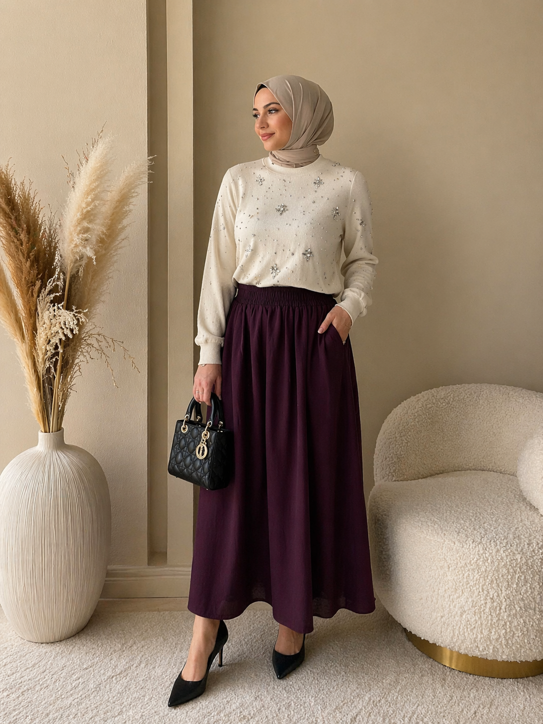 BORDO CEPLİ BELİ LASTİKLİ MAXI ETEK