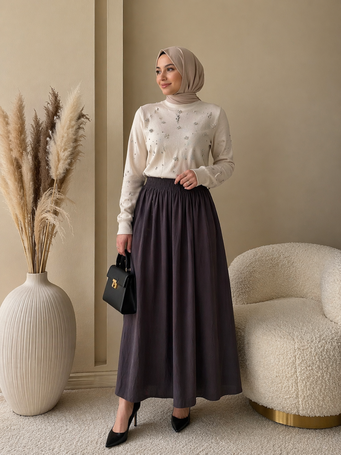 ACI KAHVE CEPLİ BELİ LASTİKLİ MAXI ETEK